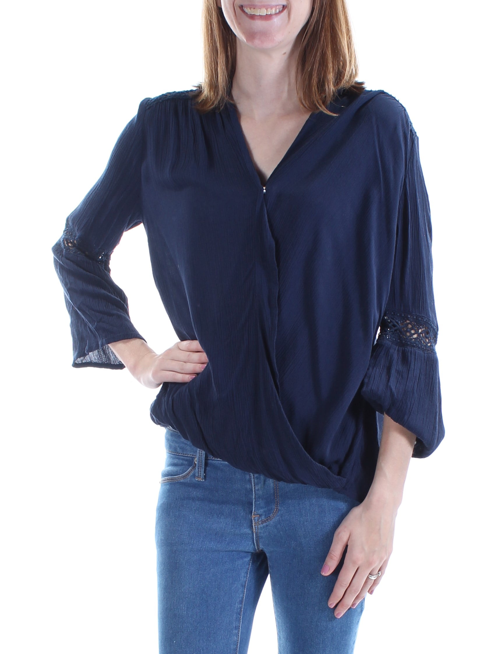 INC INC 69 Womens New 1039 Navy Sheer W/o Cami 3/4 Sleeve Faux Wrap