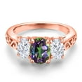 thumbnail image 3 of Gem Stone King 18K Rose Gold Plated Silver Green Mystic Topaz and White Moissanite Filigree Style 3 Stone Ring for Women (2.58 Cttw, Oval 8X6MM and 6X4MM) (Size 8), 3 of 6