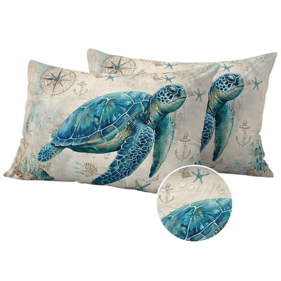 Teal Sea Turtle Coastal Outdoor Pillow Covers 20x12 Set of 2,Waterproof Patio Throw Pillowcase Protectors,Vintage Summer Beach Nautical Lumbar Decorative Pillow Shams Cushion Covers for Bed Couch