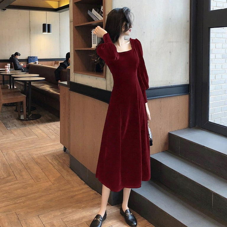 Square Collar Mid-Length Long-Sleeved Velvet Dress Women'S Autumn