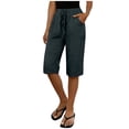thumbnail image 5 of TaTaai Summer Casual Knee Length Shorts for Women Cotton Linen with Side Pockets Drawstring Elastic Waist Loose Fit Bermuda Pants for Beach Gift, 5 of 9
