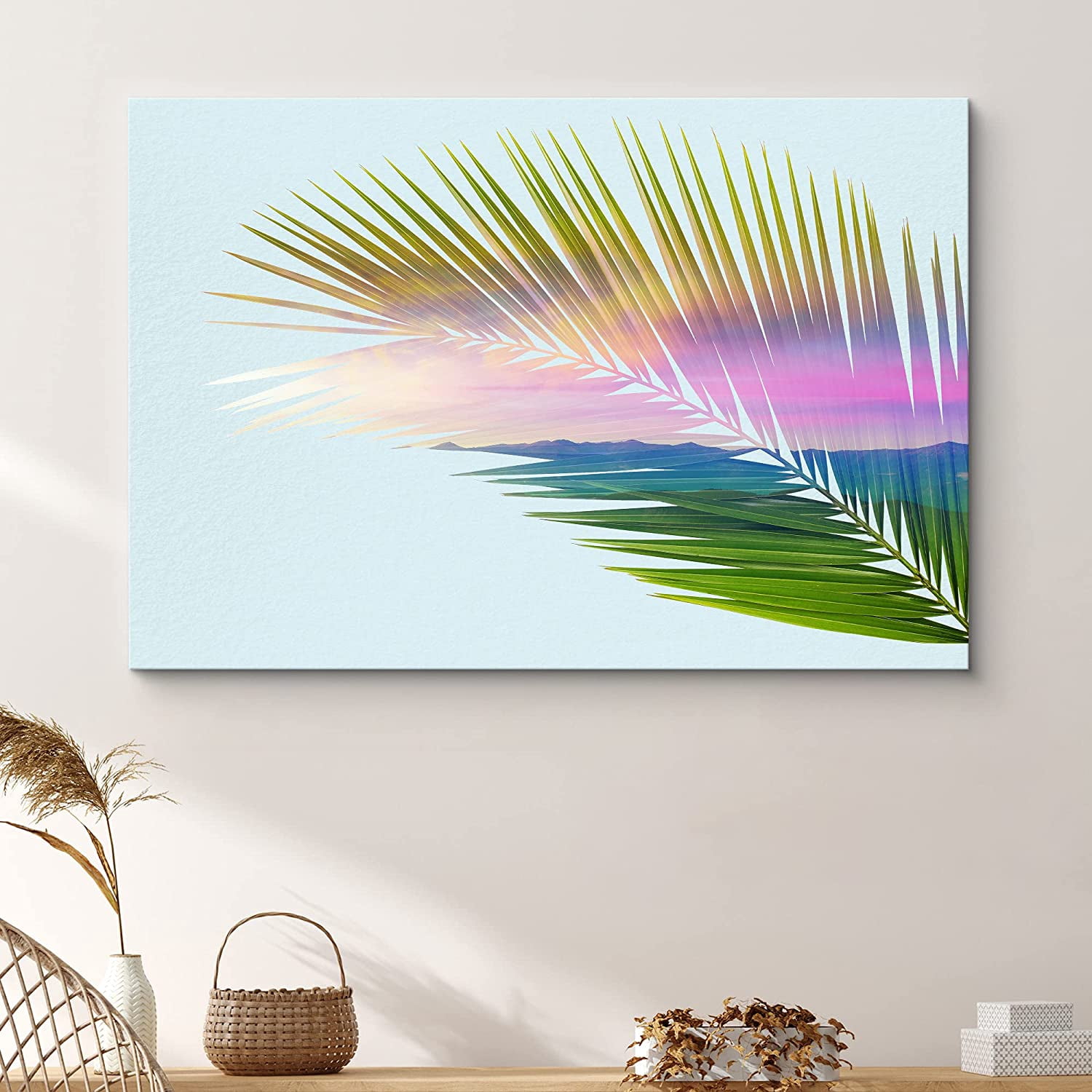 PixonSign Canvas Print Wall Art Double Exposure Palm Leaf and Sky ...