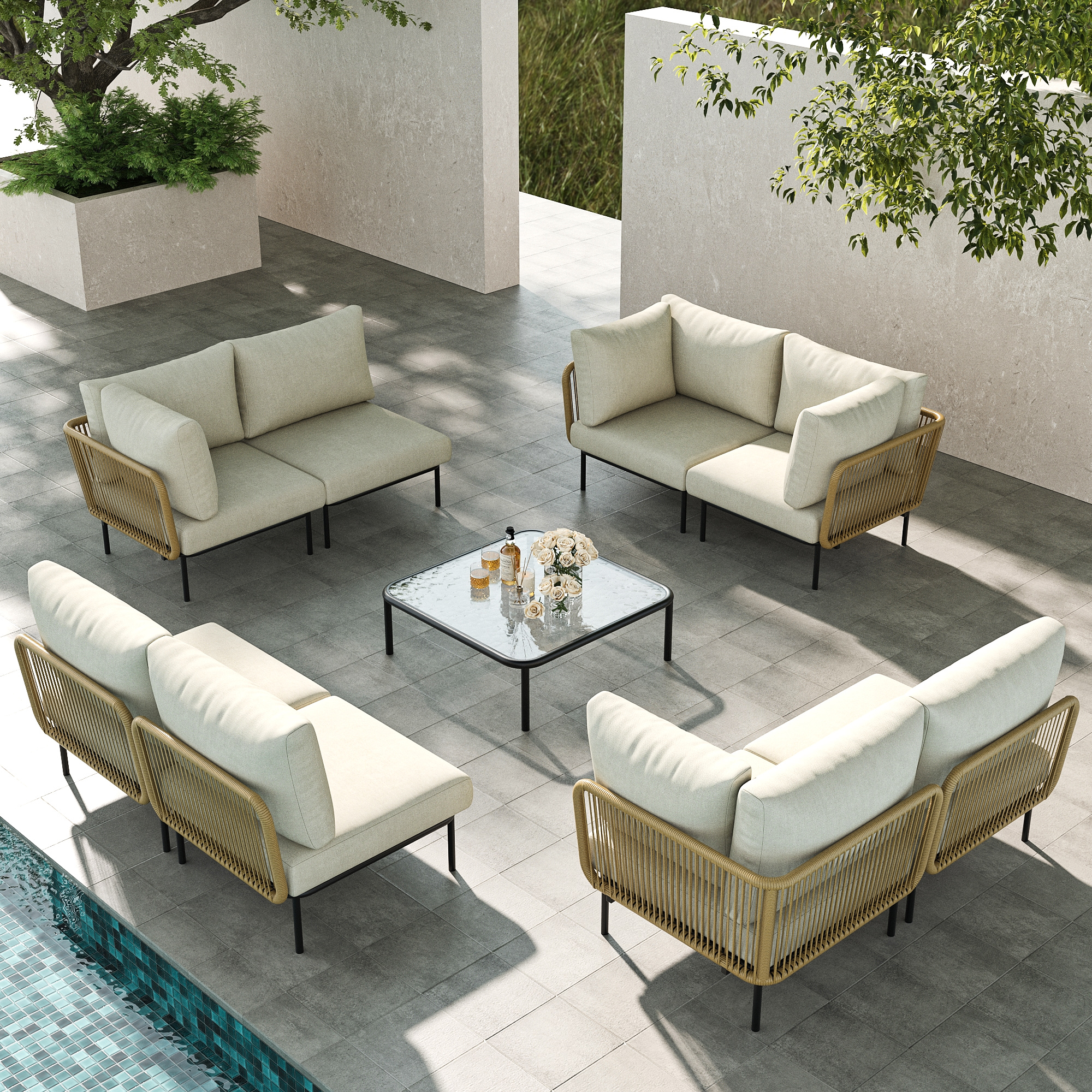 LayinSun 9 Pieces Aluminum Patio Furniture Set, Modern Modular Sectional Sofa with Coffee Table and Upgrade Thickness Cushion