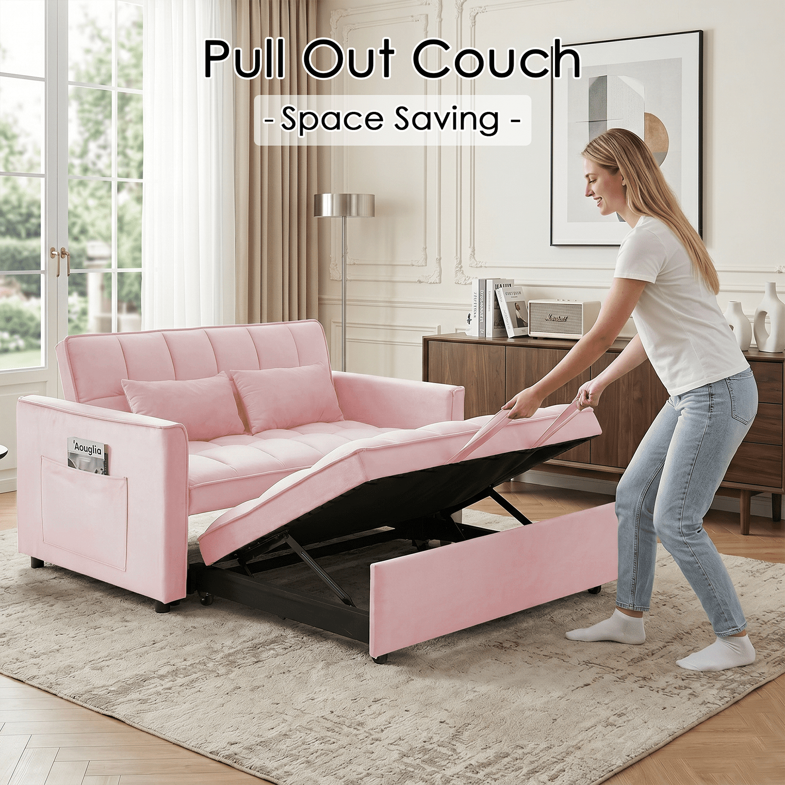 Amuille 3 in 1 Convertible Sleeper Sofa Bed, 54" Velvet Fabric Loveseat, Pull Out Couch for Living Room and Apartment (Pink)