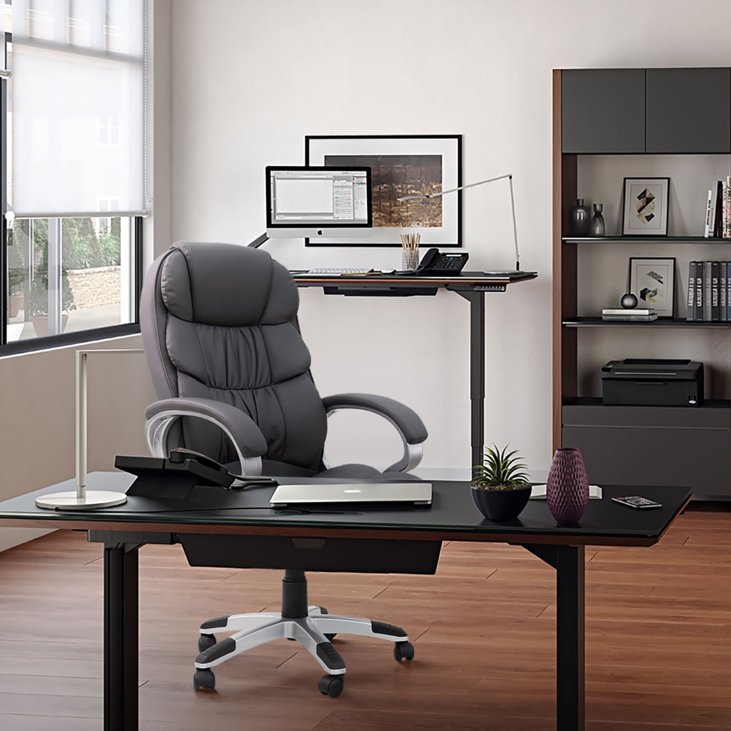 Lacoo Faux Leather High-Back Executive Office Desk Chair with Armrests, Gray