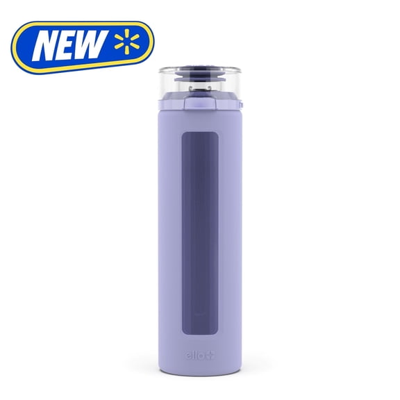 Ello Clara 20oz Reusable Glass Water Bottle with One-Touch Leak Proof Flip Lid, Protective Non-Slip Silicone Sleeve, Carry Loop for Coffee, Tea and Water, BPA-free, Dishwasher Safe, Tropical Violet