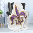 thumbnail image 4 of Fleur De Lis Soft Flannel Fleece Throw Blanket, Ornate Heraldic Design in Nostalgic Medieval Antique Elements, Cozy Plush for Indoor and Outdoor Use, 50" x 60", Yellow Purple, by Ambesonne, 4 of 5