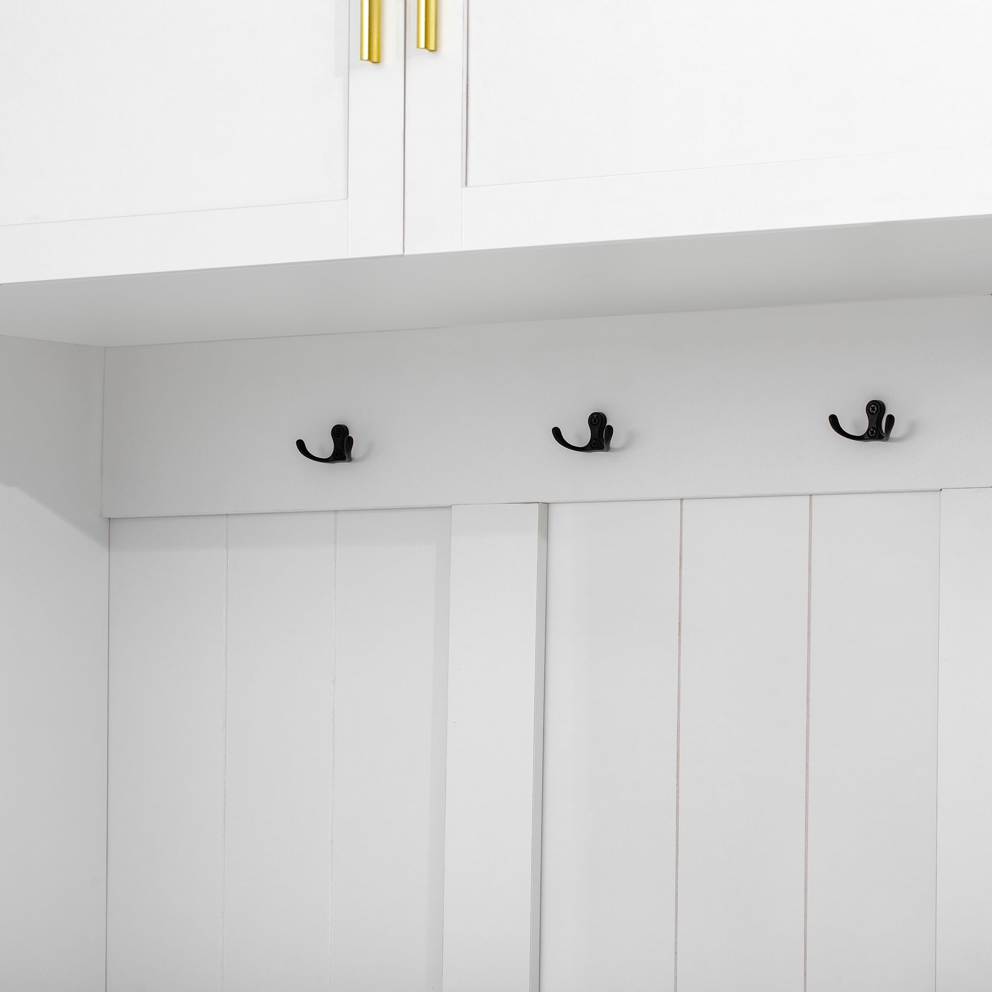 T-Foyer Modern White 4-in-1 Hall Tree with 4 Hooks, Padded Bench & Cabinets, Wooden Rustic Entryway Organizer with Open Storage & 3 Drawers