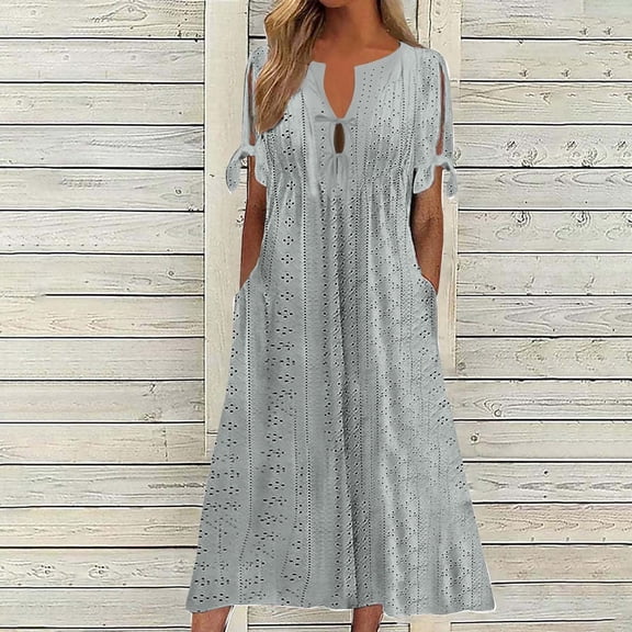 Uscallm Women Plus Size V Neck Short Sleeve Eyelet Boho Flowy A-Line Maxi Dress Casual Solid Beach Vacation Long Dresses, Gray XL