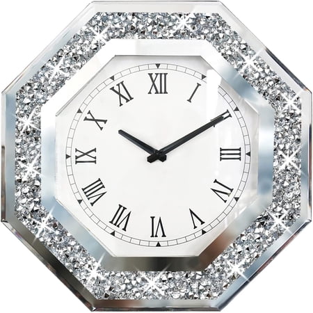 Octagon Mirror Wall Clock, 12 inch Diamond Shaped Non-Ticking Clock for Bedroom Bathroom Dining Room Decor (No Batteries)