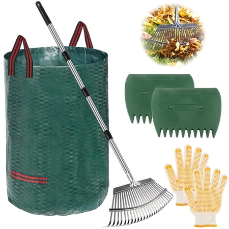 West Bay 56" Rake for Leaves, 25 Tines Heavy Duty Adjustable Metal Garden Rake Set with Leaf Scoops & Collector Bag, 3-in-1 Leaf Collection Tool for Yard Lawns