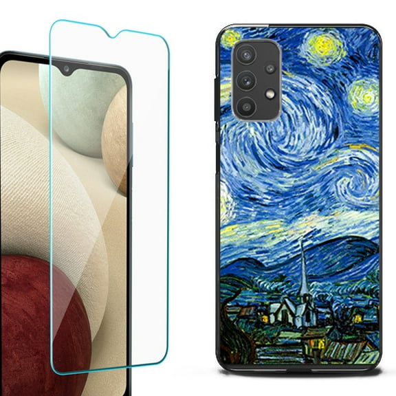 Slim-Fit Flexible TPU Gel Phone Case (black) for Samsung Galaxy A32 5G, with Tempered Glass Screen Protector, by OneToughShield ® - Starry Night Paris