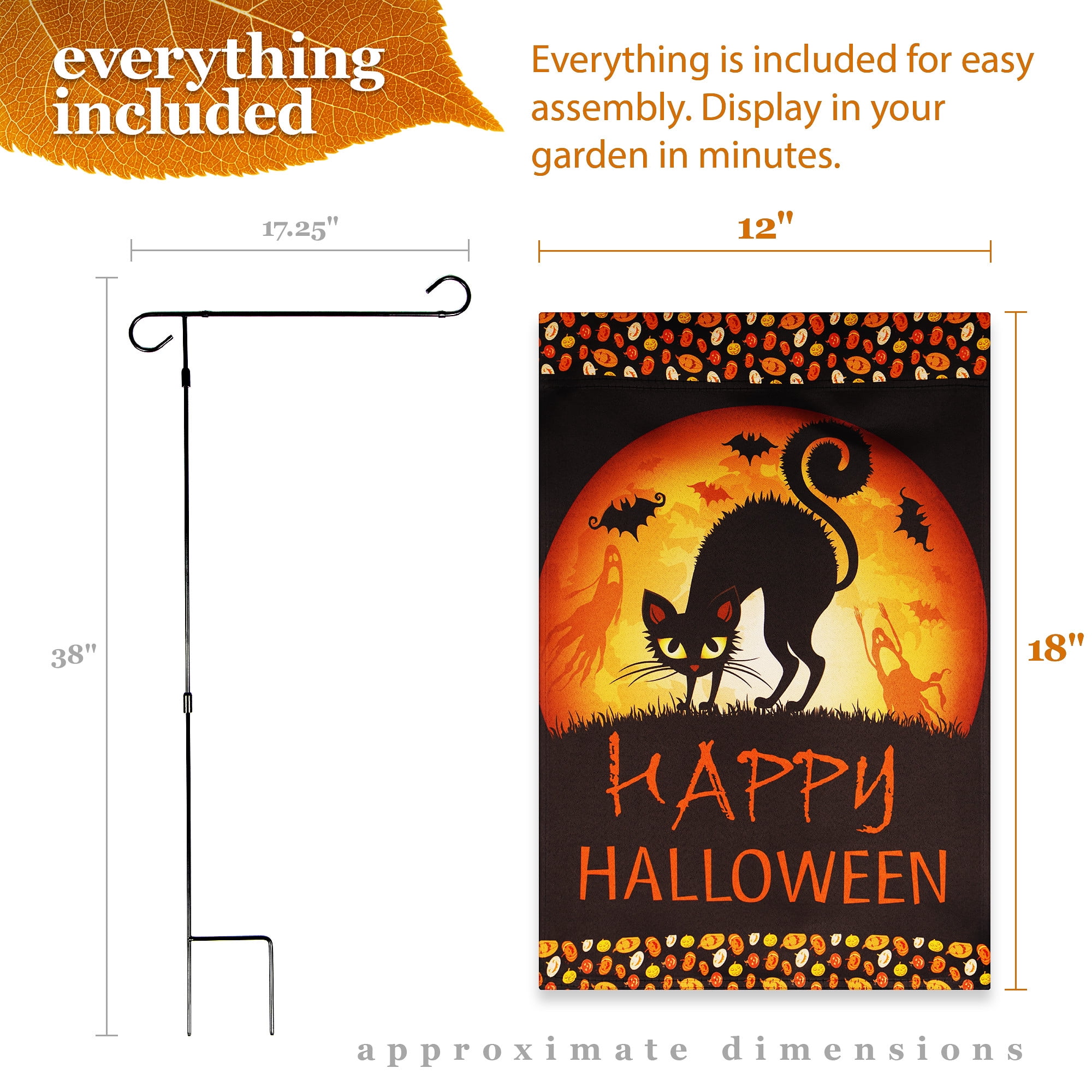 G128 Double-Sided Halloween Garden Set 12"x18" with 36"x16" Garden Flag Holder Stand Outdoor Porch