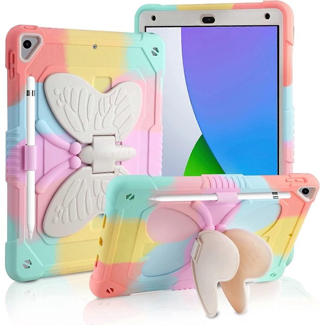 for iPad 9th 8th 7th Generation Case with Kickstand Butterfly Wings Pencil Holder, iPad 10.2 Case Heavy Duty Hard Rugged Protective Cover Kids Girls f