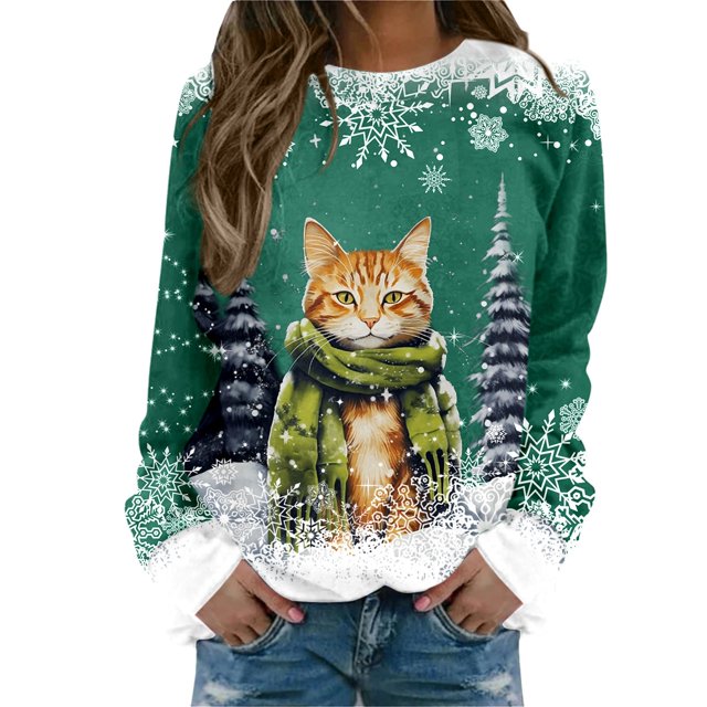 Chandail en Molleton Imprimé Joyeux Noël pour Femmes Col Rond Décontracté Manches Longues Coupe Ample Blouse d'Entraînement Col Rond Confortable