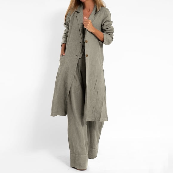 WRKEKC Women's V-Neck Duster Coat Straight Cut Long Sleeve with Pockets Button Front Office Casual Fall Spring Versatile Outerwear Gray XL