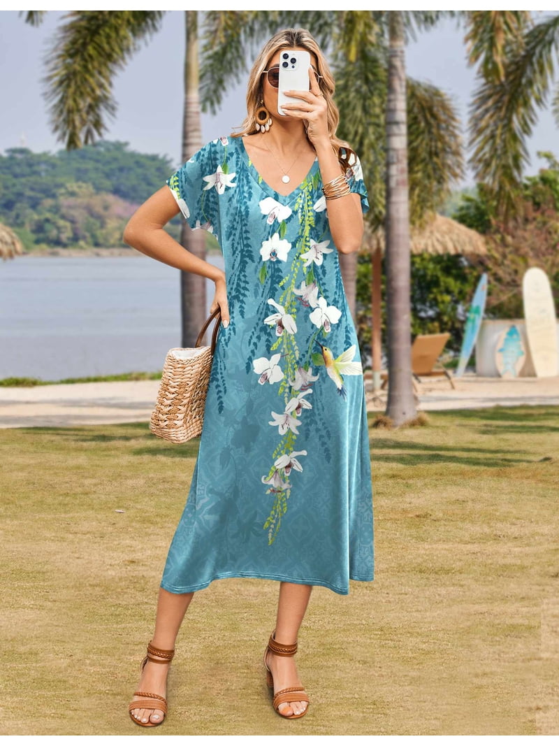 bohemian shift dress Zeagoo Maxi Sundresses for Women Summer Casual V Neck Boho Flowy Aline Short Sleeve Loose Floral Dresses with Pocket Long Split Beach Cover Up KlavCameron