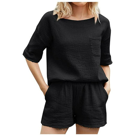 Women's Short Sleeve Cooton Linen Pajama Sets Lounge Top and Shorts 2 ...