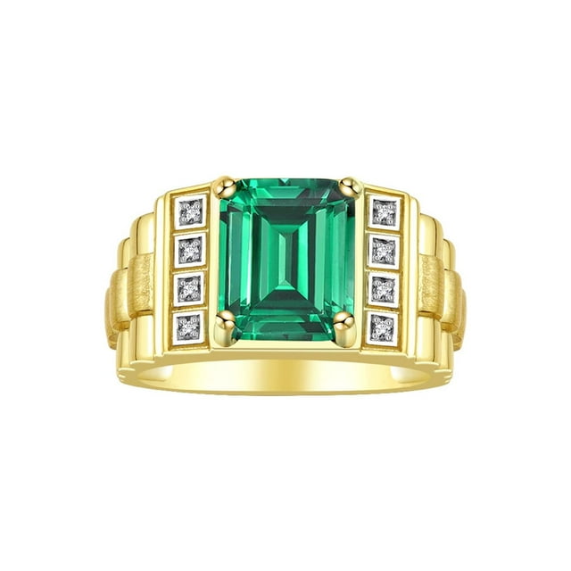RYLOS Men's Rings 14K Yellow Gold Designer Style 10X8MM Emerald Cut Shape Gemstone & Diamonds Emerald May Birthstone Rings For Men Size 10