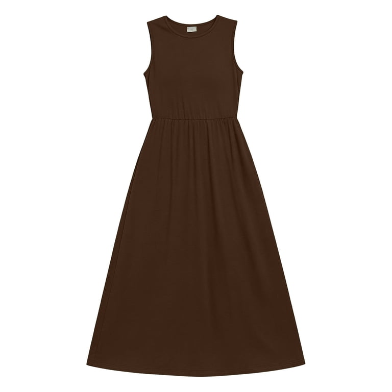 Hinvhai Womens Solid Color Maxi Dresses Empire Waist Long Summer Dress Casual Cap Short Sleeve Sundress Coffee Xl(xl), Women's, Bronze