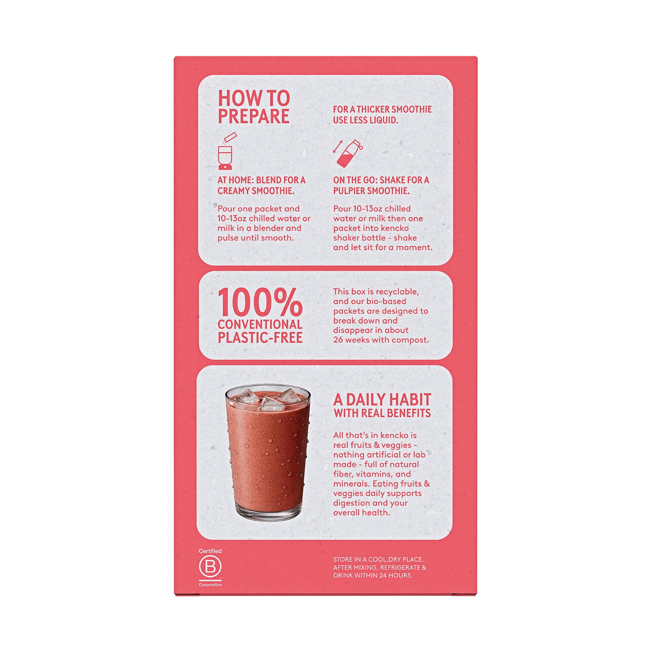 Kencko Strawberry Fruit & Veggie Performance Protein Smoothies, Powdered Drink Mix, 1.23 oz, 4 Pack