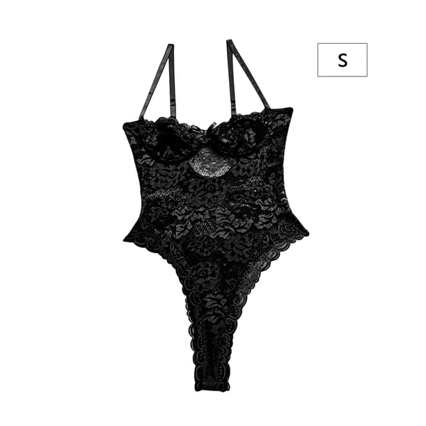 Mono sexy de encaje con encanto mono suave con tirantes para mujer, S, negro Vogacara XX000118-02