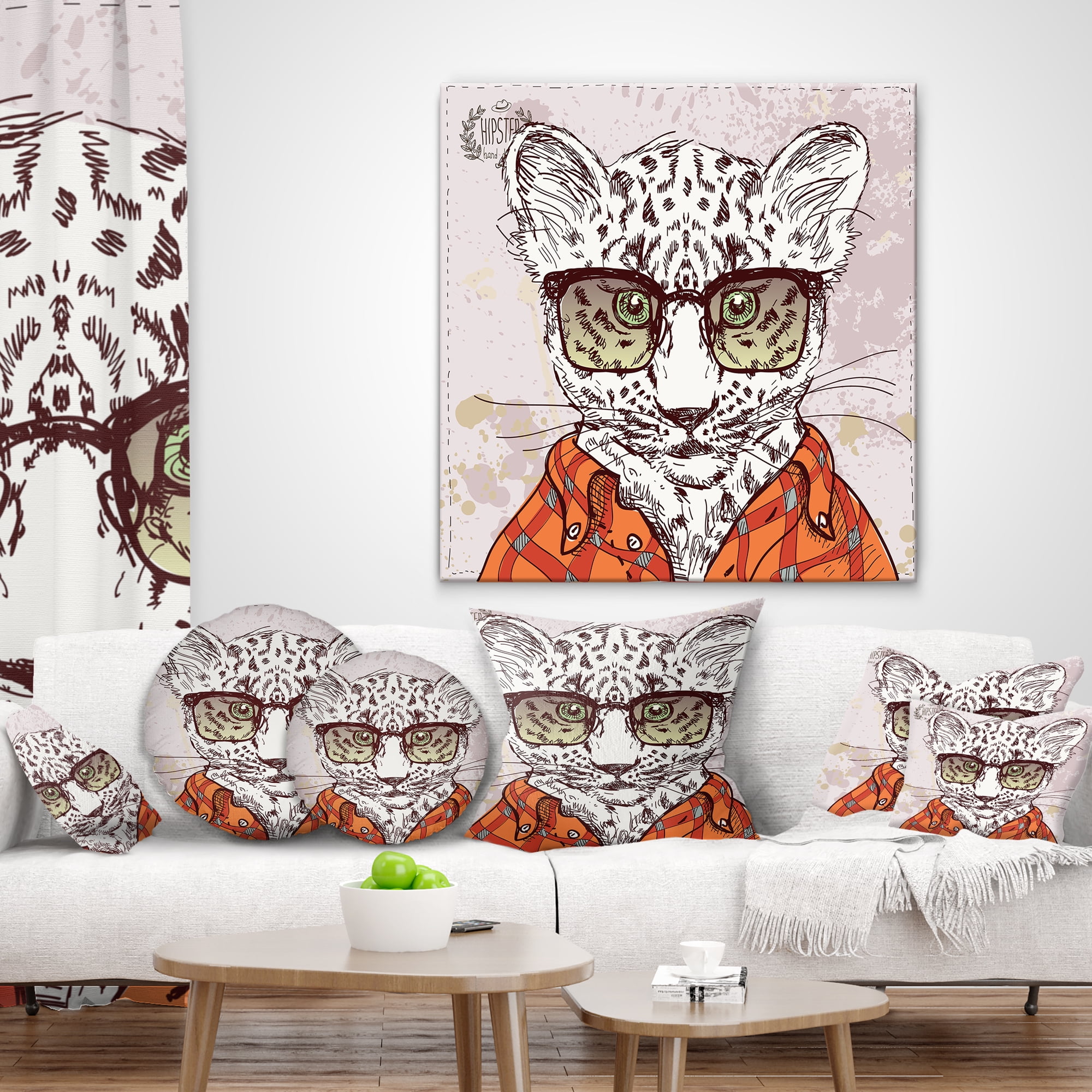 Designart Funny Hipster Leopard with Glasses - Animal Throw Pillow - 16x16