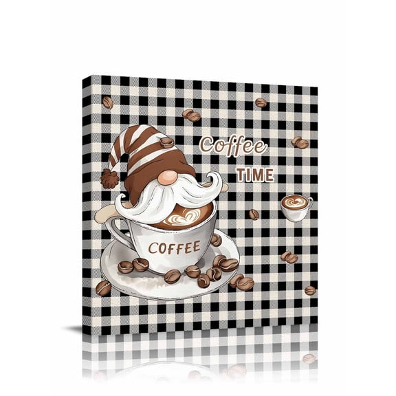 Canvas Print Wall Art Farmhouse Coffee Time Brown Gnome Black Buffalo Plaid Framed Canvas Art Wall Decor Pictures Painting Morden Artwork for Living Room Bedroom, Ready to Hang, 12"x12"
