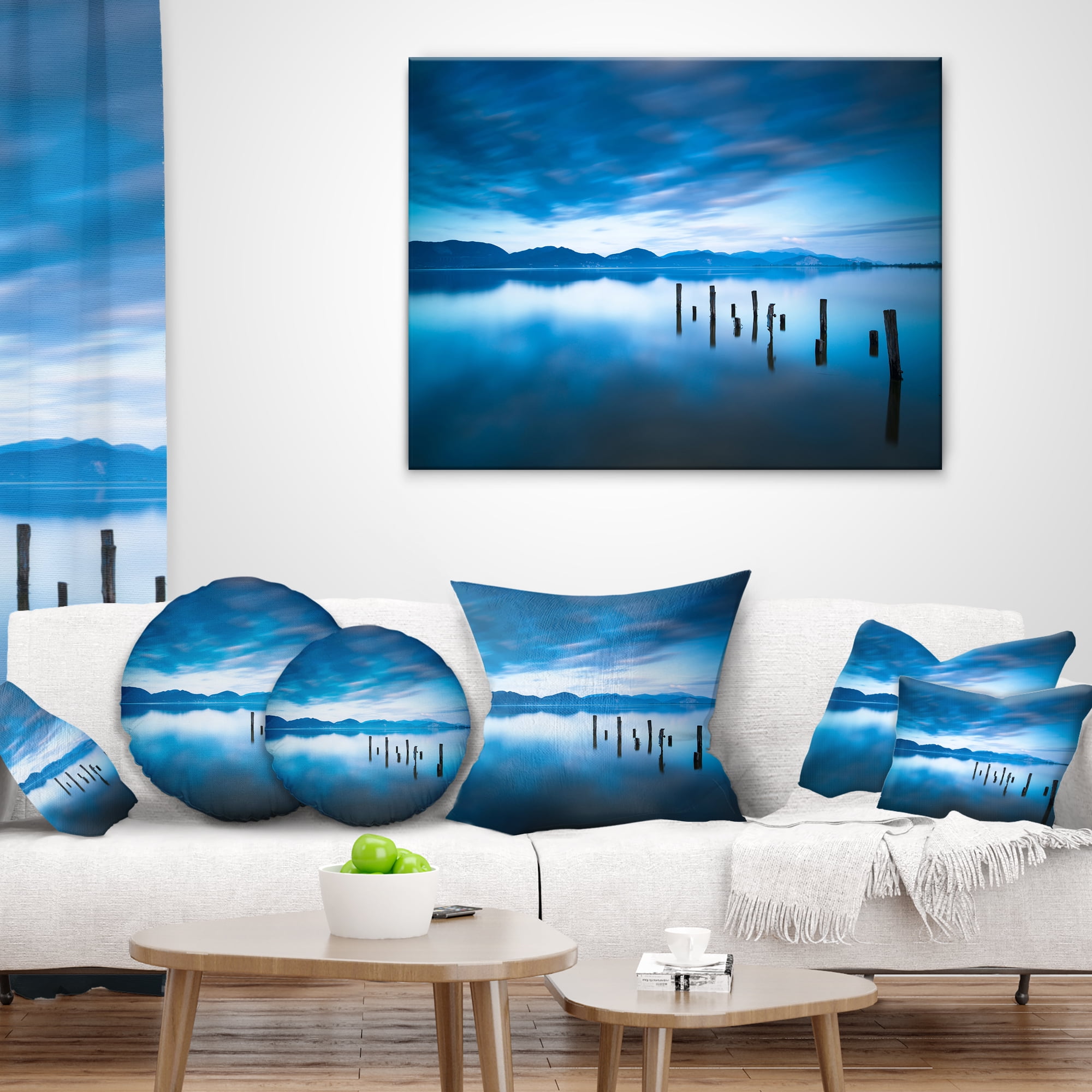 Designart Blue Lake with Wooden Pier - Landscape Photography Throw Pillow - 12x20