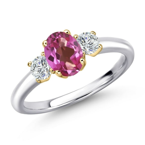 Gem Stone King 925 Silver and 10K Yellow Gold Pink Mystic Topaz and Lab Grown Diamond Engagement Ring for Women | 1.14 Cttw | Oval 7X5MM | Gemstone November Birthstone | Size 6