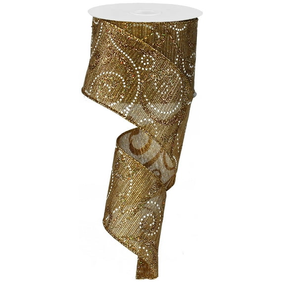 Metallic Wired Ribbon - Laser Glitter Swirl Beige, Gold & White -2.5 Inches X10 Yards