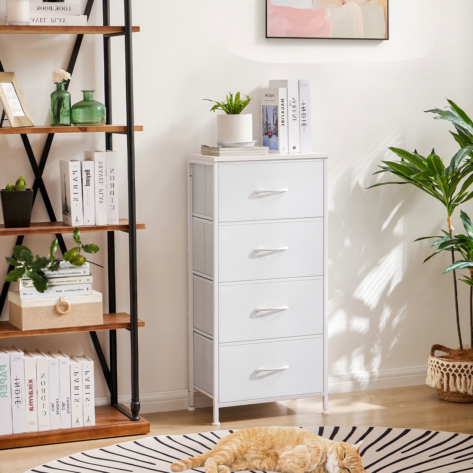 GIANNA Chest of Drawers with 4 Drawers, Fabric Drawer Cabinet, Industrial Style for Living Room, Bedroom, White