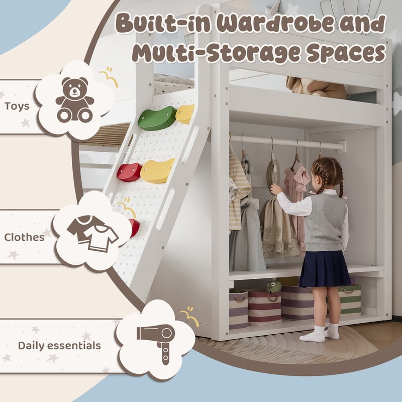 Twin/Twin XL Over Full Bunk Bed with Built-in Wardrobe, Storage Shelves, Rock Climbing Wall, Solid Wood Bunk Bed Fram with Full-Length Guardrails, No Box Spring Needed
