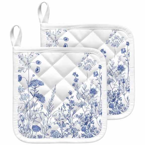Blue Flower Plant Pot Holders for Kitchen Heatproof Potholder, 2 Pack Retro Country Tree Branch Leaves Hot Pads Multipurpose Oven Pads Cloth Potholders Trivet for Cooking and Baking