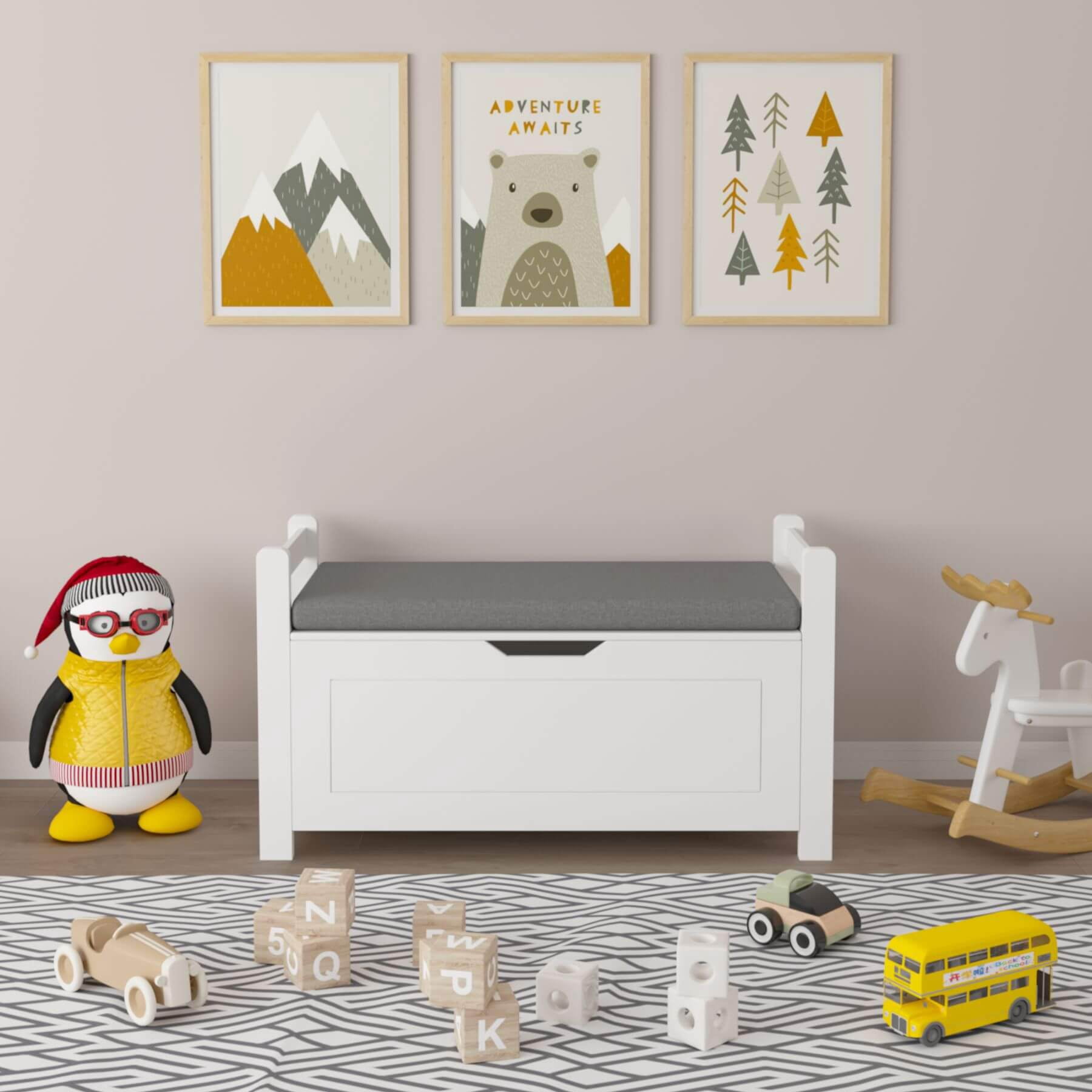 MOONRIVER Kids Toy Box Chest, White Storage Cabinet with Cushion Seat Bench