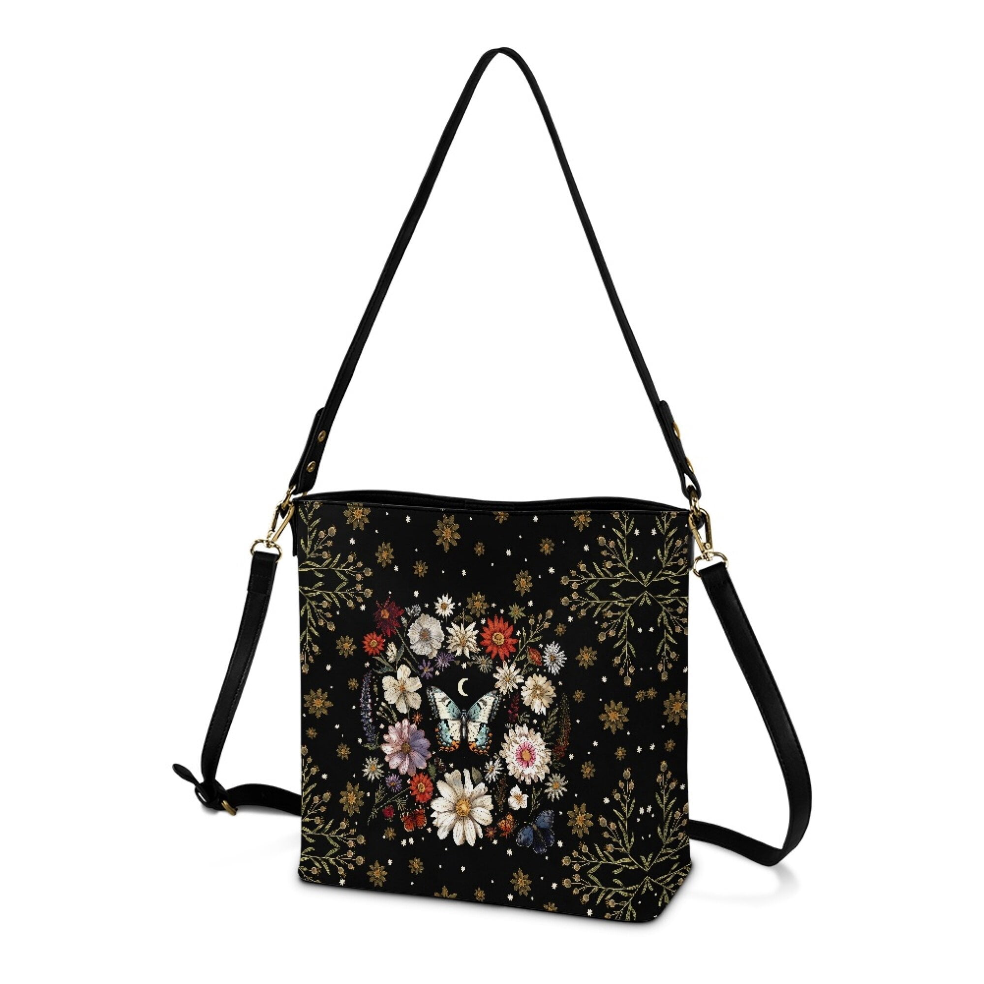 Kuiaobaty Butterfly Flower Print Crossbody Bag for Women, Lightweight Vegan Leather Shoulder Handbag with Adjustable Strap, Large Capacity Bucket Tote Bag Handbag Crossbody for Travel