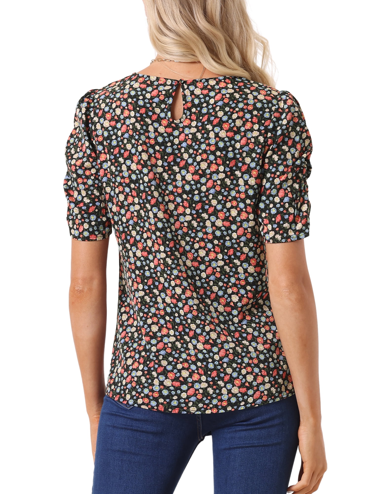 DARING DIVA Floral Crew Neck Shirred Short Sleeve Casual Top XS Black Red