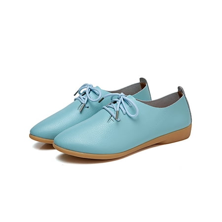 

SIMANLAN Women Flats Leather Casual Shoes Dress Shoes Flats Lace Up Ladies Flats Memory Foam Loafers Low Top Breathable Walking Shoe Light Blue 7.5