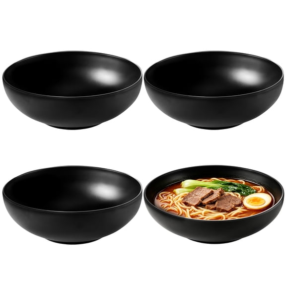 4 Pcs 34 oz Melamine Ramen Bowls, 7.5 in Wide and Shallow Bowls, Matte Black Dinner Bowl with Anti-Slip Thread for Pasta, Salad, Cereal, Soup, Kitchen, Restaurant