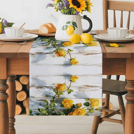Burlap Table Runner 36 Inches Long Spring Yellow Rose Flower Wood Plank Non-Slip Kitchen Table Runners for Dining Room Everyday Use Party Table Decorations Farm Floral Shabby Walls