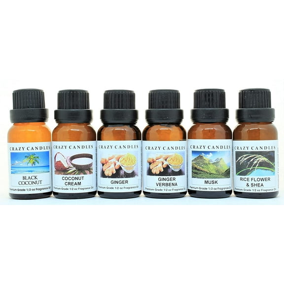 6 Bottle Set (Made in USA) 1 Black Coconut, 1 Coconut Cream, 1 Ginger, 1 Ginger Verbena, 1 Musk, 1 Rice Flower & Shea 1/2 Fl Oz Each (15ml) Premium Grade Scented Fragrance Oil