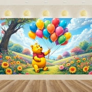 Winnie the Pooh Birthday Banner - Vibrant Polyester Backdrop with Balloons & Flowers, Perfect for Outdoor Parties, Holiday Decorations, and Photo Shoots, Birthday Party Decorations