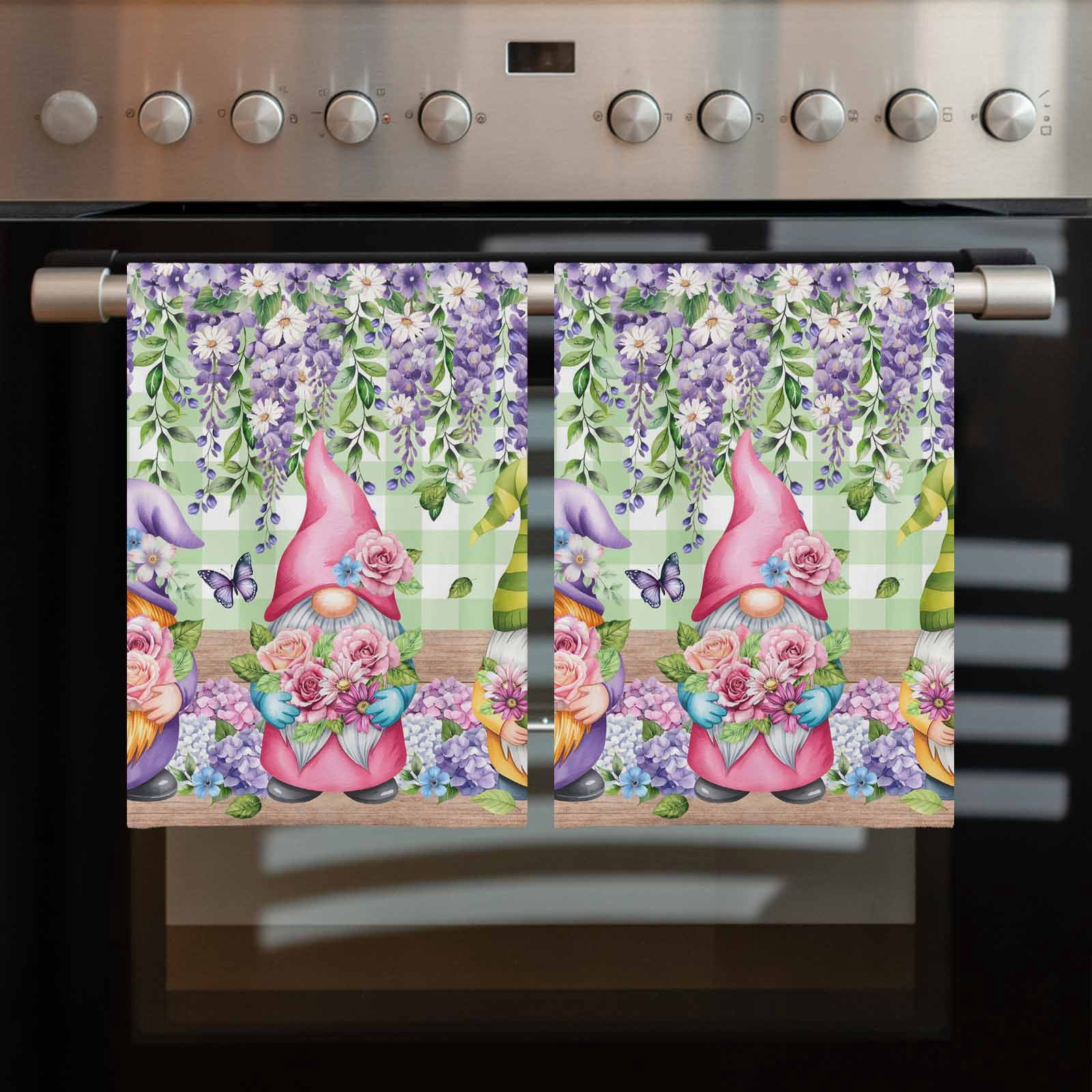 Blue Purple Gnomes Kitchen Towels Set of 3, Water Absorbent Dish Towel, Spring Hydrangea Flower Leaf Green Plaid Decorative Hand Towels - Quick Drying Cloth for Cooking Baking, 18x28 Inch