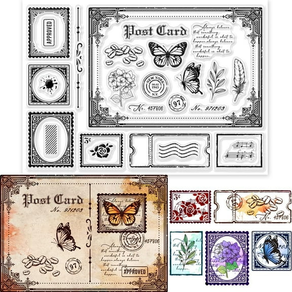 Vintage Postcard Clear Stamps Retro Postcard 5.83x8.27inch Decorative Clear Stamps Silicone Stamps for Card Making and Photo Album Decor Decoration and DIY Scrapbooking