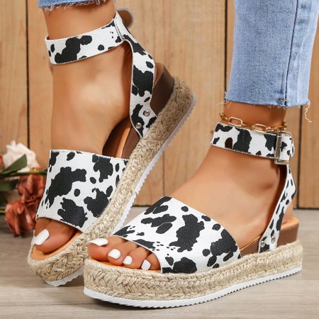 

XIAQUJ Fashion Women Summer Cow Print Weave Wedges Breathable Buckle Strap Toe Sandals Comfortable Beach Shoes Sandals for Women White 8.5(41)