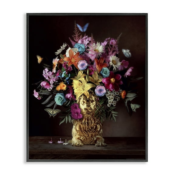 Stupell Industries Bouquet in Dog Vase Plants & Flowers Painting Black Framed Art Print Wall Art, 11 x 14