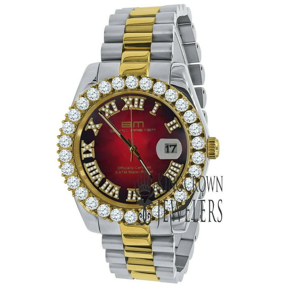 Mens Roman Face Ruby Red Dial Full Stainless Steel 18k 2 Tone Gold Diamond Watch 42mm