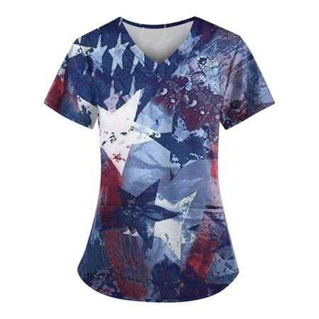 

Sksloeg Scrub Tops for Women American Flag Star Print Scrub Nurse Top Shirts Short Sleeve Working Tops Workwear Comfy Shirt Blouses Clothing Blue XXXXL