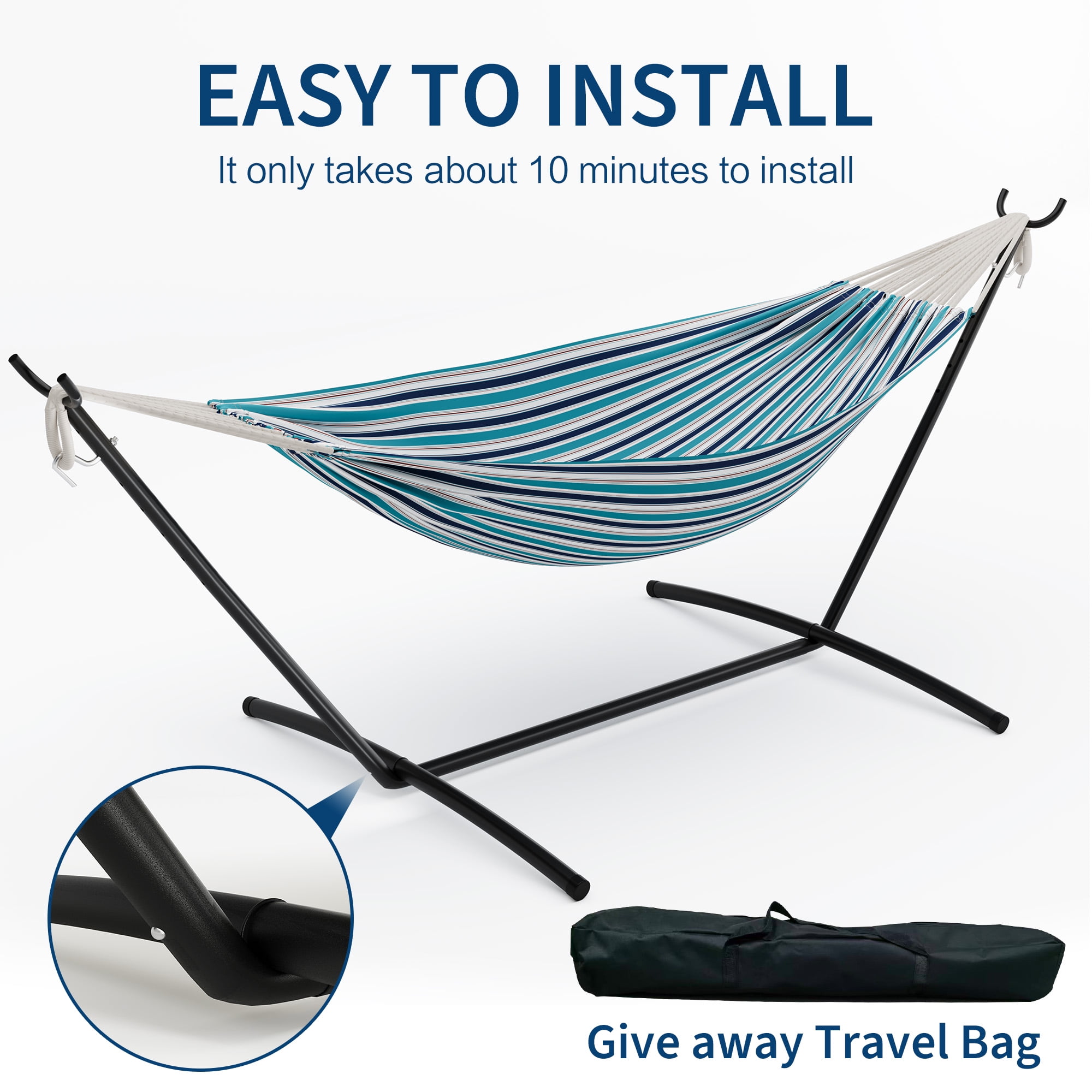 COZONY 2-Person Hammock with Steel Stand, 450lb Capacity, Portable Cotton Rope Bed, Carry Bag Included