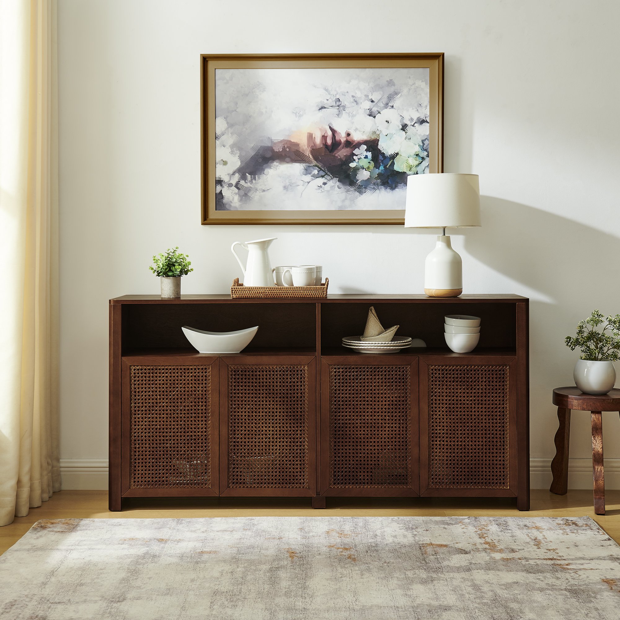 The Sanctuary 63 Mid Century Modern Rattan Sideboard Buffet Cabinet with Storage Adjustable Shelves For Living Room Entryway Kitchen Walnut